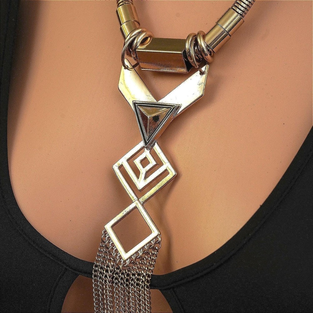 Gold Tone Geometric Fringe Statement Necklace Omega Chain Art Deco Style - Picture 4 of 5